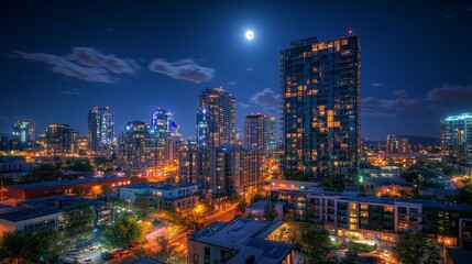 Fototapeta premium Nighttime view of a technologically advanced city with sleek, illuminated skyscrapers. Premium background for the latest technology needs.