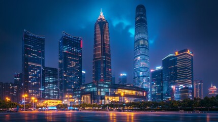 Obraz premium Nighttime view of a technologically advanced city with sleek, illuminated skyscrapers. Premium background for the latest technology needs.