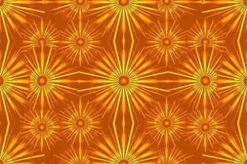 Golden Starburst Pattern: A dazzling, seamless pattern of golden starbursts radiating outwards on a rich orange background, creating a captivating and elegant design. 