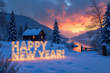 Icy and frosty 3D greeting HAPPY NEW YEAR! against cold winter landscape