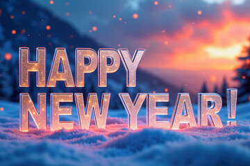 Icy and frosty 3D greeting HAPPY NEW YEAR! against cold winter landscape