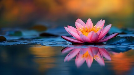 pink water lily in pond with reflection