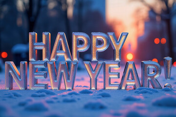 Icy and frosty 3D greeting HAPPY NEW YEAR! against cold winter landscape