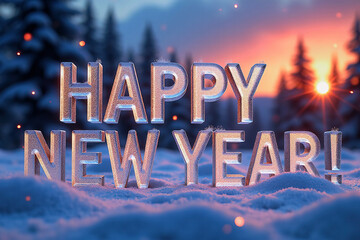 Icy and frosty 3D greeting HAPPY NEW YEAR! against cold winter landscape