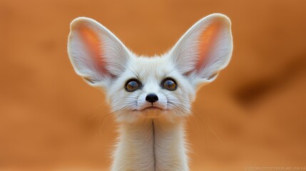 Obraz premium Close-up of a fennec fox with large ears against an orange background, showcasing its expressive eyes and soft fur