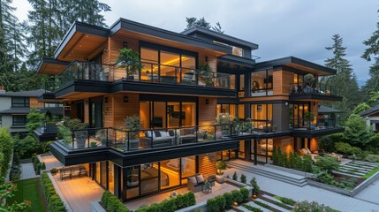 Obraz premium A modern multi-story house with large balconies and landscaped surroundings.
