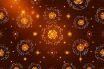 Golden Radiance: A mesmerizing abstract pattern with glowing orange and gold circles, stars, and intricate details on a dark background. This image evokes a sense of warmth, festivity.