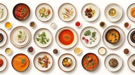 An overhead view of an array of Indian dishes, each on separate plates, with spices and sauces in intricate detail