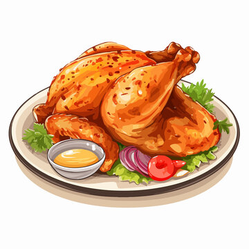 Tasty broaster chicken on dish vector illustration for food and restaurant promotions