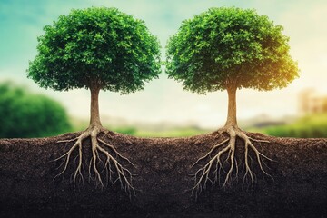 Obraz premium Two Trees Intertwined: A Symbol of Connection, Trust, and Collaborative Growth in Business
