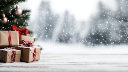 Christmas Gift Boxes on Snowy Ground with Festive Trees