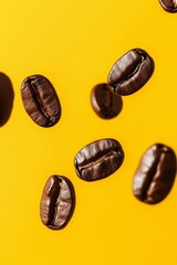 Floating Coffee Beans Against a Yellow Background