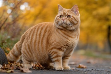 Plump Orange Tabby Cat Lounging in Colorful Autumn Landscape