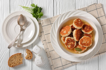 turkey potato cakes in white bowl, top view