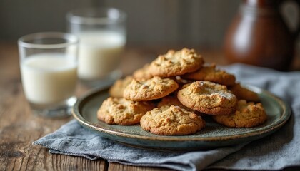 A Plate Of Freshly Baked Cookies Cooling On A Wooden Counter With A Glass Of Milk
