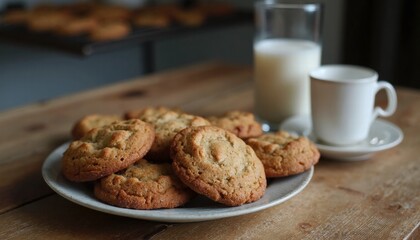 A Plate Of Freshly Baked Cookies Cooling On A Wooden Counter With A Glass Of Milk
