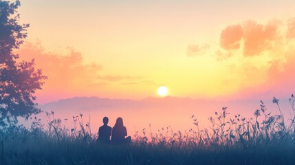 Family Silhouette Gazing at Gentle Sunrise
