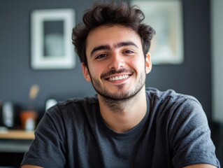 Obraz premium Man sitting at a table with a smile