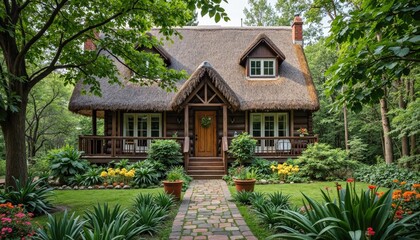 A Cozy Cottage Surrounded By Lush Greenery In A Serene Countryside Setting