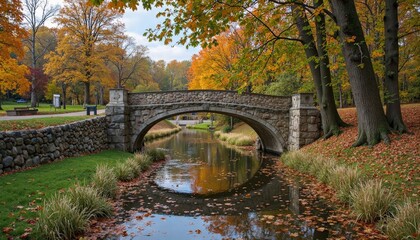 A Historic Stone Bridge Spanning Over A Gentle River With Autumn Trees Nearby