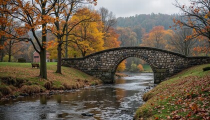 A Historic Stone Bridge Spanning Over A Gentle River With Autumn Trees Nearby