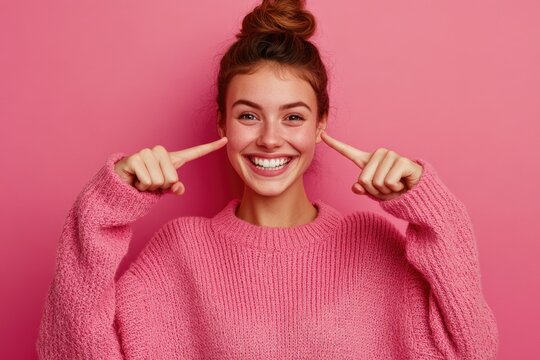 Joyful Woman with Radiant Toothy Smile in Casual Knitwear, Eyes Closed, Embracing Happiness Against a Vibrant Pink Backdrop