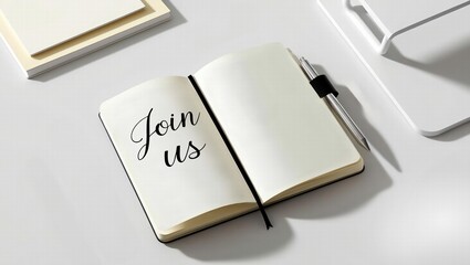 An open notebook with elegant lettering invites readers to "Join us," accompanied by a pen and minimalist stationery.
