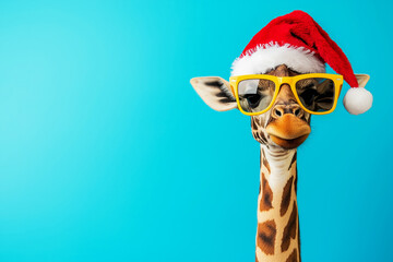 Cool cheerful giraffe wearing a Santa hat and bright sunglasses, isolated on a blue background with free space for text. Santa giraffe. Happy Giraffe's head face with long neck. New Year'
