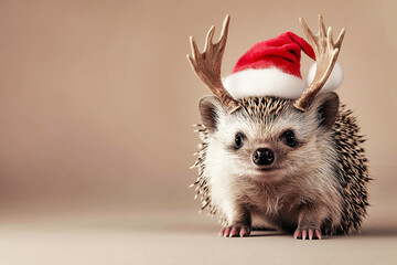 Cool cheerful hedgehog with reindeer antlers and Santa hat, isolated on a light background with free space for text. The concept of Christmas or New Year. Copy space for text