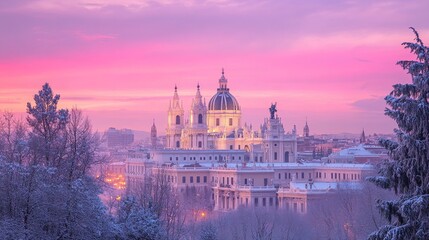 Fototapeta premium Madrid's almudena cathedral bathed in a pink-hued sunset and blanketed by snow, captured on a serene winter evening a picturesque view featuring historic architecture and dramatic skies