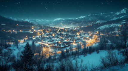 Obraz premium Suburban landscape with mountains in winter at night. Perspective view with roads and houses. Cartoon vector illustration