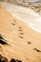 Sandy yellow beach with sea in background, footprints in sand