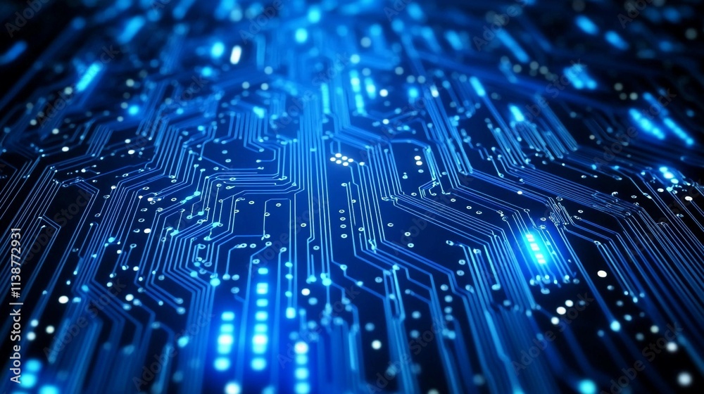 Fototapete abstract circuits network design with glowing blue lights and patterns. generative ai