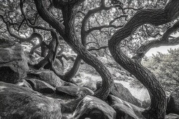Obraz premium Enchanting Twisted Trees Amidst Rocky Boulders in Padley Gorge, Peak District, UK