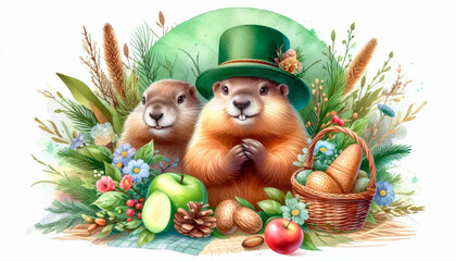 Groundhog Day, two little brown groundhogs sitting at a table with a basket of food, rejoicing in coming of spring
