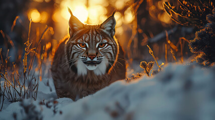 "A lynx prowls the snowy mountainside at sunset, its fur glowing in the golden light. The sky above is a soft blend of oranges, pinks, and purples, and the landscape around the lynx is serene and peac