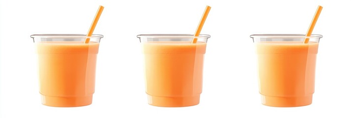 Delicious Collection of Refreshing Fruit Smoothies with Straws in Cups, Isolated on White Background