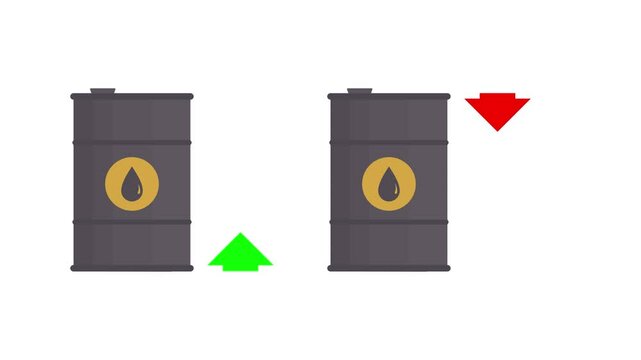 Oil barrel icon. Concept of price rise and fall. Price rate animation. Green arrow up, red arrow down.