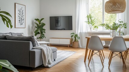 Cozy apartment features a stylish living room with a gray sofa, a wooden dining table, and large windows letting in natural light. Plants add life to the inviting atmosphere