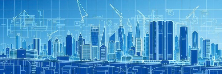 Architectural blueprint with digital effect overlay, cityscape, development, blueprint