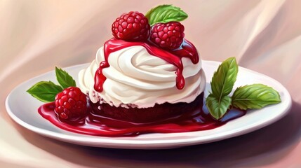 Dessert with whipped cream, raspberries, and sauce.