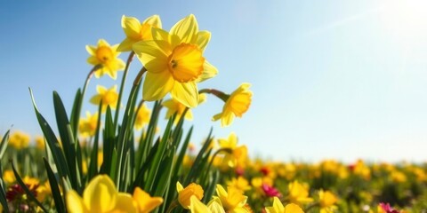 Obraz premium Beautiful daffodil flowers blooming in a vast field under the clear blue sky, beauty, clear sky, sunny