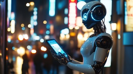 Fototapeta premium AI in phones assistants communications with smart city infrastructure. Robot cyborg woman with artificial intelligence standing on screen phone in hand human. Futuristic technology of communications.
