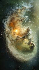 Ethereal cosmic nebula with glowing star cluster, deep space phenomenon, swirling interstellar clouds, concept for astronomy, universe exploration, science fiction, and celestial beauty.