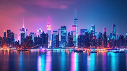 Obraz premium Futuristic city skyline at night with vibrant neon lights reflecting on water, modern urban landscape, concept for technology, nightlife, architecture, and cityscape beauty.