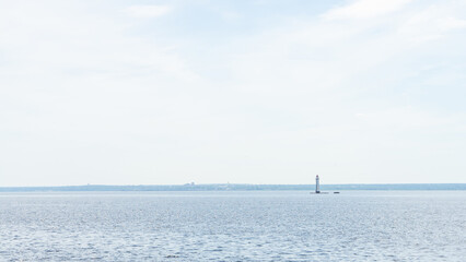Front lighthouse of the St. Petersburg Sea Canal, Kronstadt, Russia. Boat trips along forts of Kronstadt