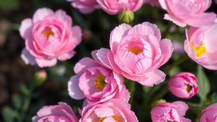 Obraz premium Close-up of delicate pink and white ranunculus flowers blooming beautifully in a garden, bloom, petals, pink