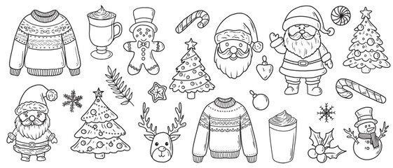 Christmas symbols - set of line art icons. Sweater, Santa Claus, hot drink, snowman, reindeer, gingerbread cookie, snowflakes, winter decorations. Hand drawn vector sketch illustrations in vintage