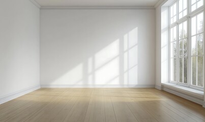 Bright, empty room with a plain white wall and light wood floor, suitable for design presentations or mockups