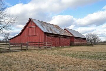 Obraz premium Charming Red Barns with Shiny Metal Roofs Amidst a Picturesque Rural Indiana Landscape under a Blue Sky